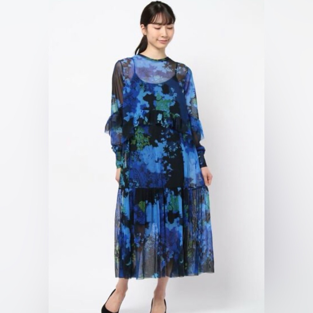 Desigual Floral Mesh Layered Midi Dress Blue Black Size L NWT - Picture 3 of 17